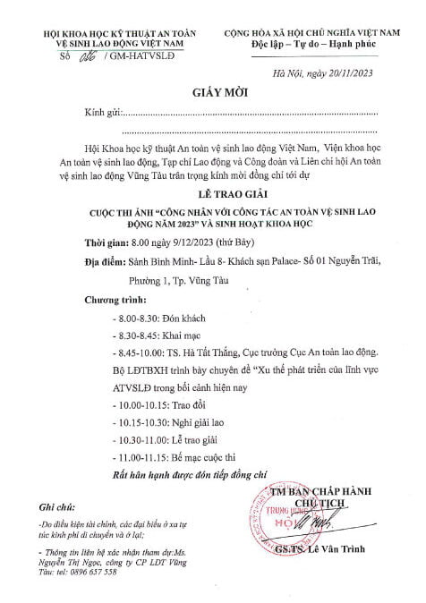 thư mời dự lễ trao giải ảnh an toàn